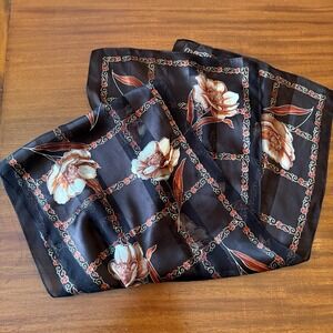 Vintage Silk Oblong Scarf Floral Equestrian Chain Brown Gold 52" Charter Club